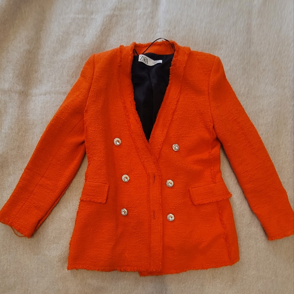 Zara Orange Double-Breasted Textured Blazer